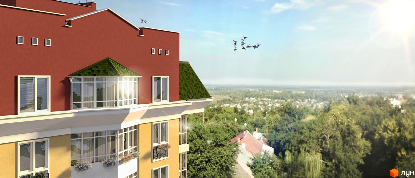 Житловий комплекс Козацький: багатоповерховий будинок з червоним та жовтим фасадом, зеленим дахом, на тлі зеленого ландшафту та міської забудови.