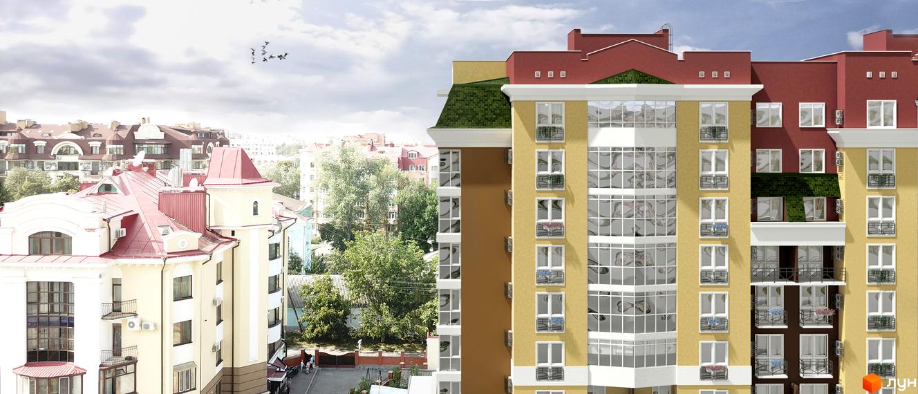 Житловий комплекс Козацький: багатоповерхова будівля з жовтими фасадами, червоними та зеленими дахами. Видно балкони, вікна та прибудинкову територію.