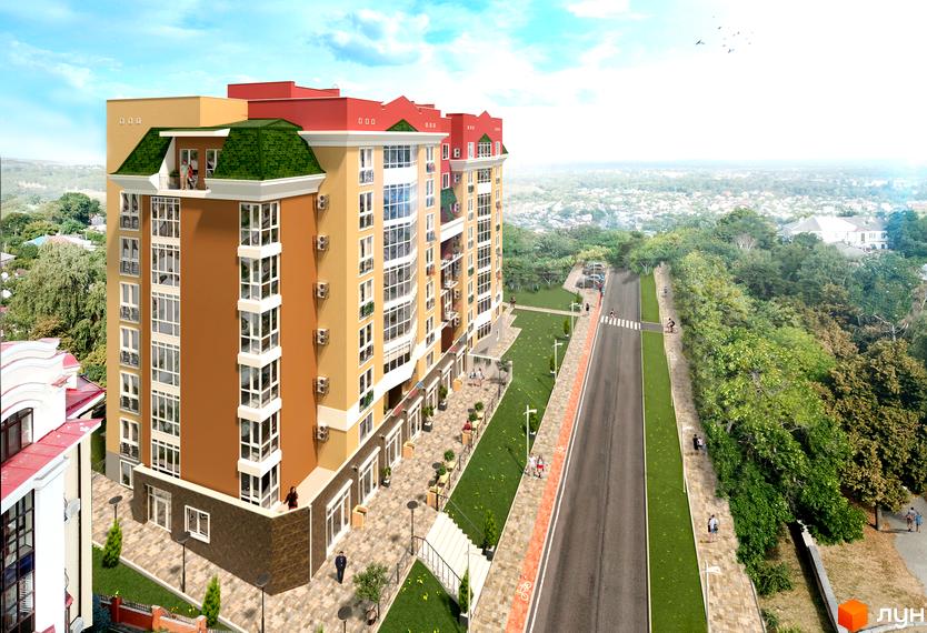 Житловий комплекс Козацький: багатоповерховий будинок з коричневим та бежевим фасадом, червоним дахом. Прибудинкова територія має доріжки, зелені газони та дорогу.