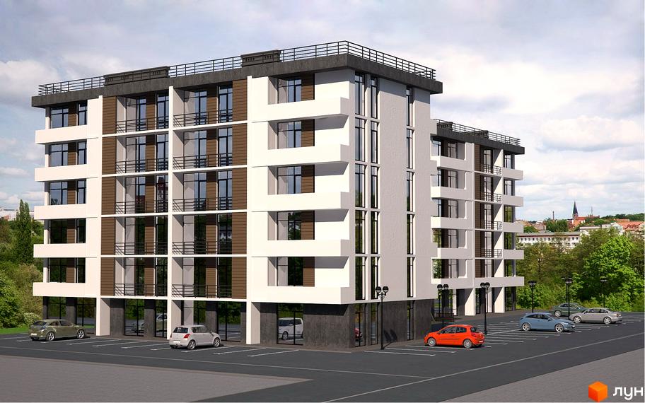 Зображення ЖК Центральний: багатоповерховий будинок з білими фасадами та коричневими вставками, поруч парковка з автомобілями. На даху будівлі розташована тераса.