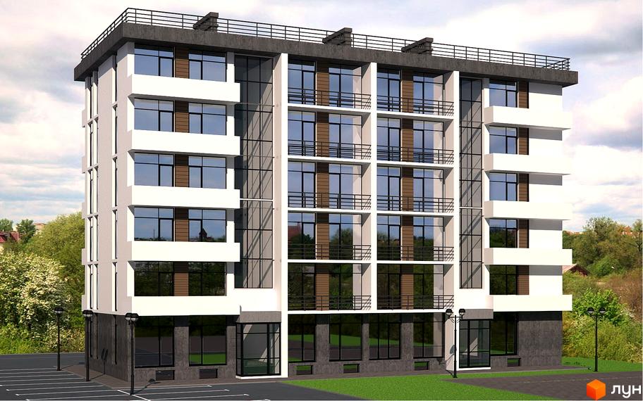 Багатоповерховий будинок ЖК Центральний з великими вікнами та балконами. На прибудинковій території є газон та ліхтарі.