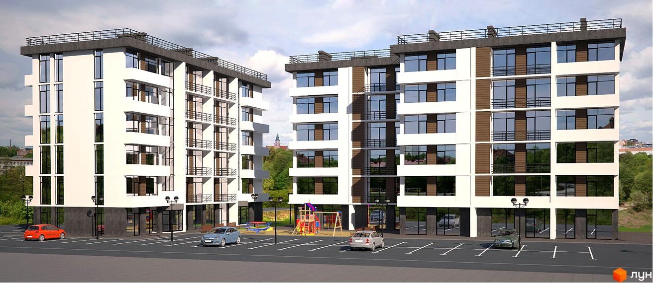 Житловий комплекс Центральний: багатоповерхові будинки з панорамними вікнами та парковкою. На території є дитячий майданчик.