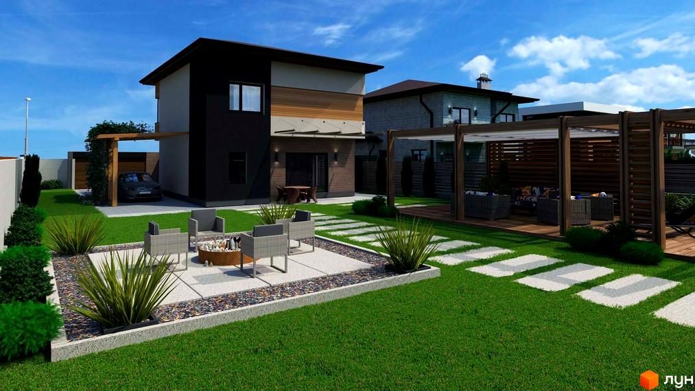 Зображення будинку в Котеджному містечку Villa de Lux з терасою та зоною відпочинку на прибудинковій території, газон, доріжки з плитки.