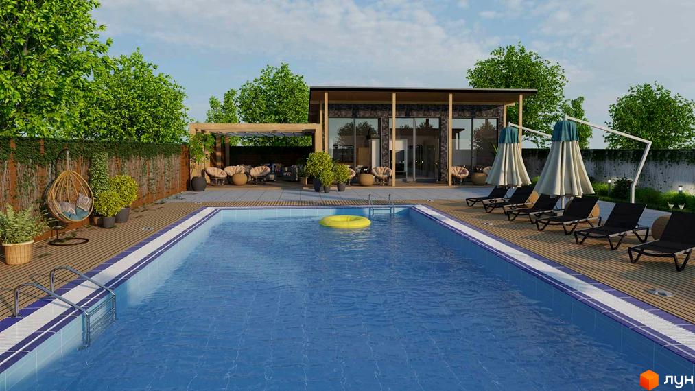 Вілла з басейном в Містечку котеджів Villa de Lux. Простора тераса з шезлонгами та парасольками, зона відпочинку з м'якими кріслами.