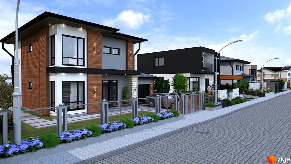 Двоповерховий будинок з оздобленням з дерева та світлою штукатуркою. Перед будинком газон з квітами та кована огорожа, вимощена бруківкою дорога.