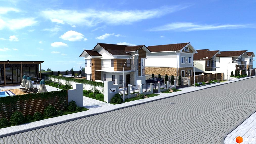 Візуалізація котеджів КМ Villa de Lux з басейном та доглянутою прибудинковою територією. Архітектура будинків у світлих тонах з коричневою черепицею.