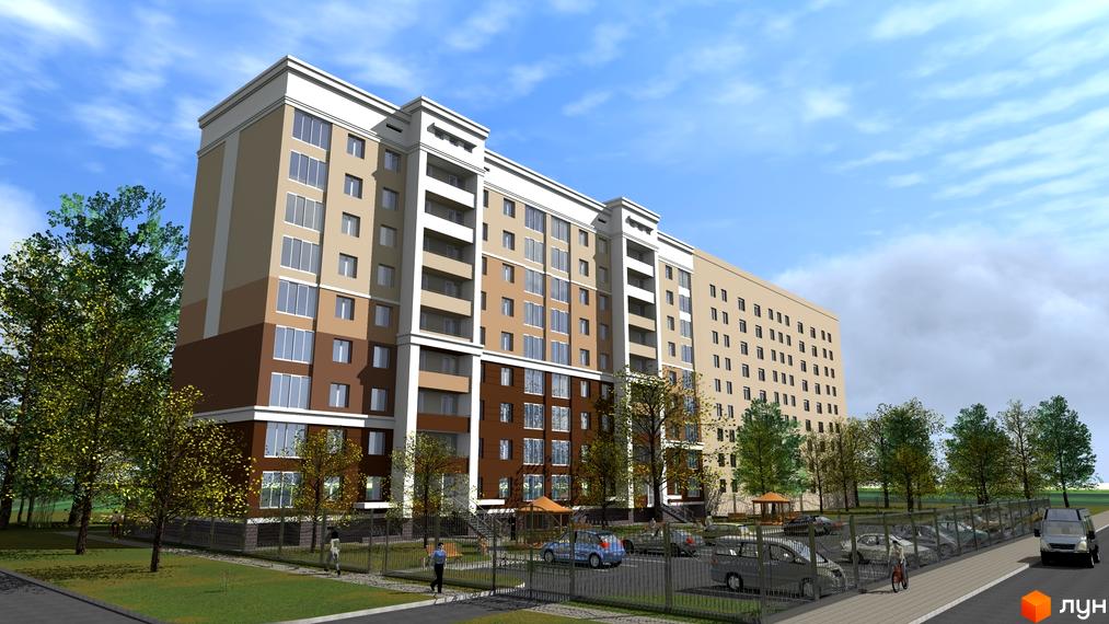 Зображення фасаду Житлового комплексу Дім на Лазурній. На фото багатоповерховий будинок з паркінгом та деревами на прибудинковій території.