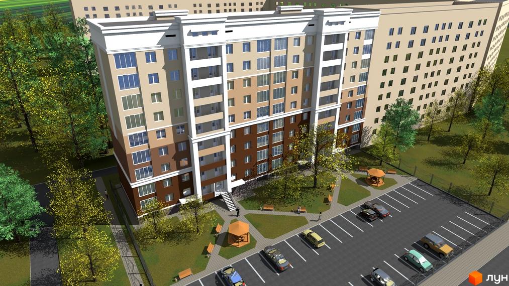 Житловий комплекс Дім на Лазурній – багатоповерховий будинок зі світлим дахом та фасадами бежевих і коричневих відтінків. Поруч розташовані паркінг, зелені зони з деревами, альтанками та лавками.