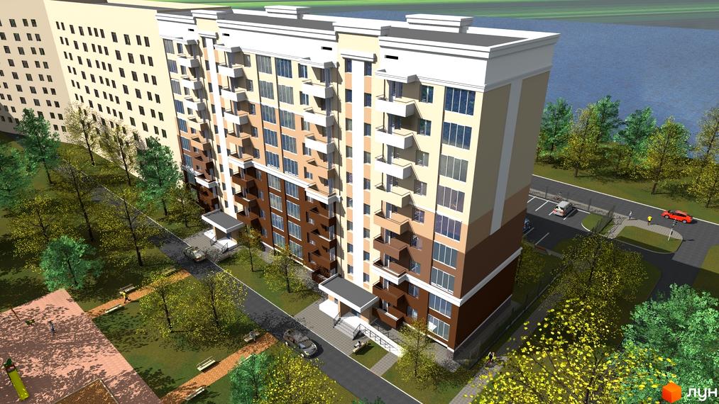 Житловий комплекс Дім на Лазурній – багатоповерховий будинок з балконами та паркінгом поруч. На території є зелені насадження та зони для відпочинку.