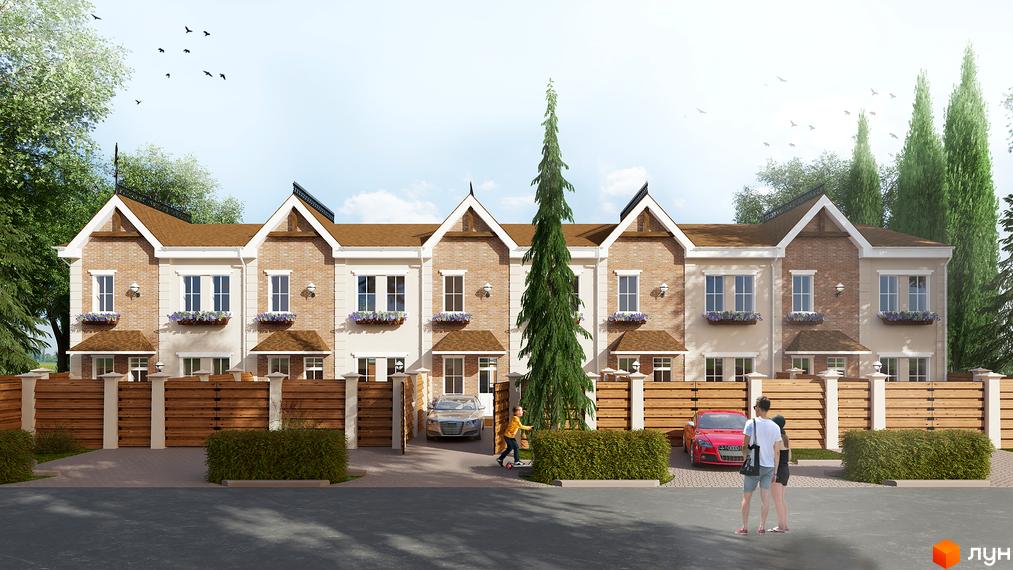 Зовнішній вигляд таунхаусів житлового комплексу «На Сірка 16». Цегляні будинки з коричневою черепицею, дерев'яним парканом та зеленими насадженнями.