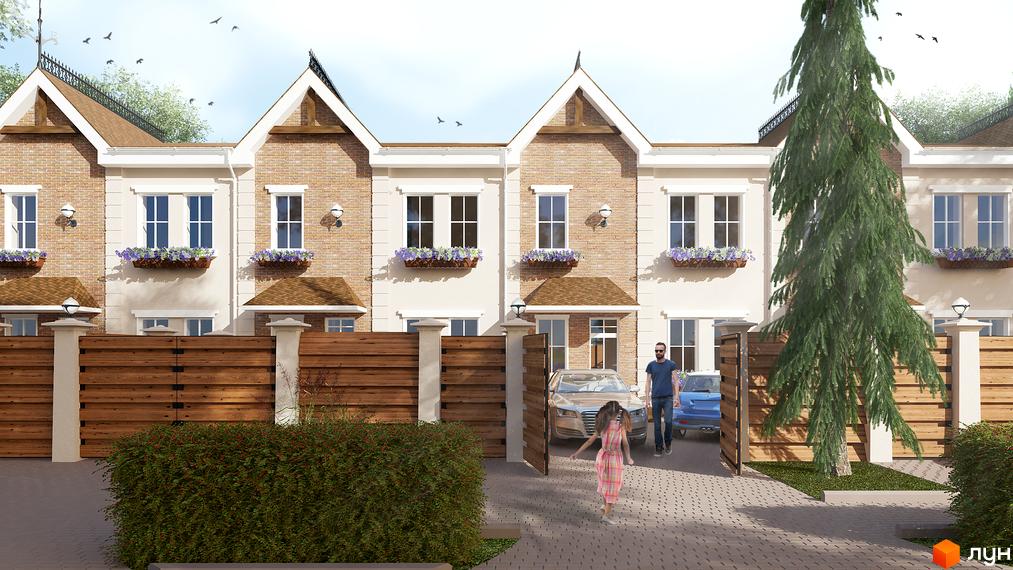 Зображення фасаду таунхаусів в житловому комплексі. Будинки з коричневої цегли з білими вікнами та декоративними елементами, перед будинками паркан та зелені насадження.