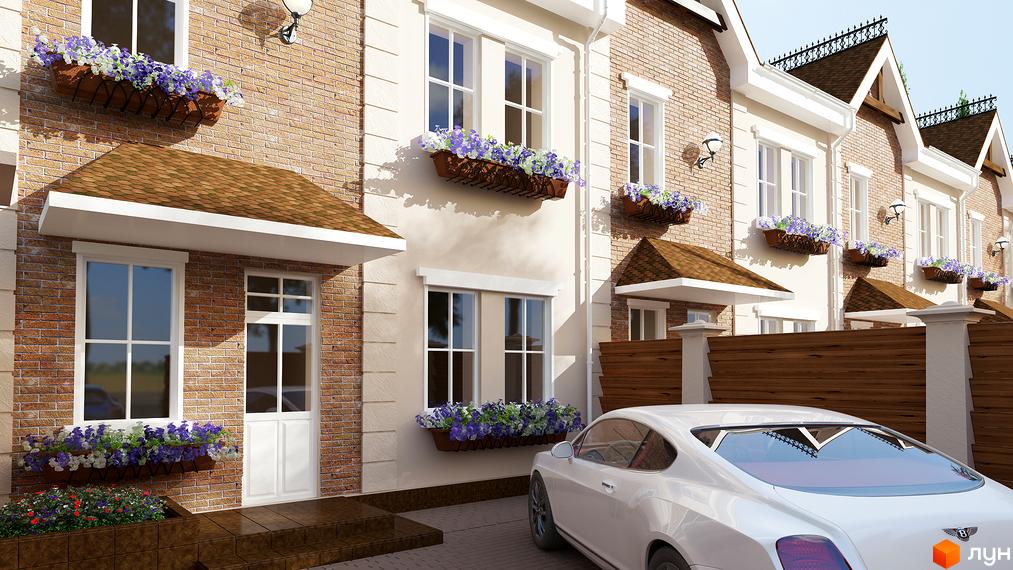 Фасад таунхаусу з цегляною кладкою, вікнами та квітковими горщиками. На передньому плані припаркований білий автомобіль, поруч паркан.