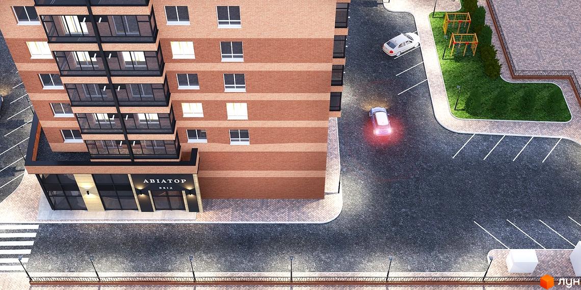 Висотна будівля ЖК Авіатор з цегляним фасадом. Поруч парковка та дитячий майданчик.