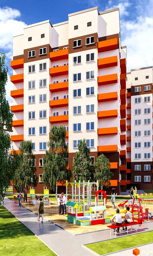Житловий комплекс Молодіжний: багатоповерховий будинок з білими, коричневими фасадами та помаранчевими балконами. Поруч облаштований дитячий майданчик та зелені зони.