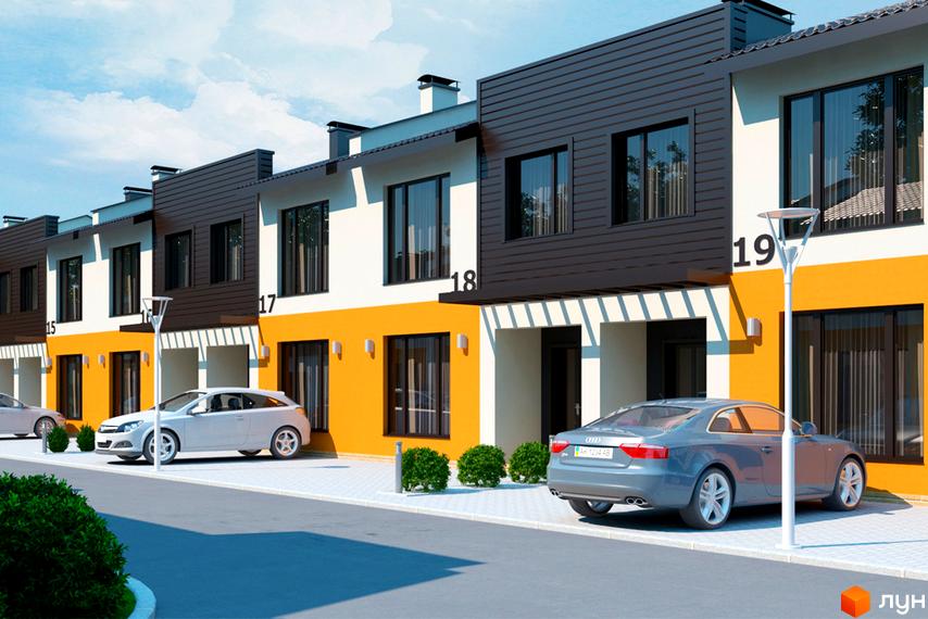 Зображення фасаду таунхаусів в житловому комплексі „Дубовські озера-2“ з парковкою та зеленими насадженнями. Будинки мають контрастний дизайн з поєднанням білого, чорного та жовтогарячого кольорів.