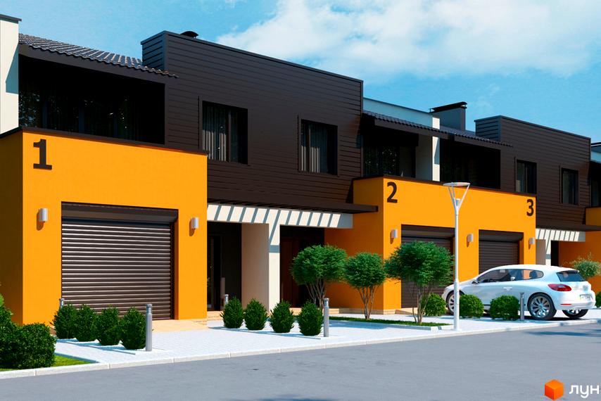 Житловий комплекс «Дубовські озера-2» з яскравими фасадами та гаражами. На території комплексу висаджені зелені насадження, є парковка для автомобілів.