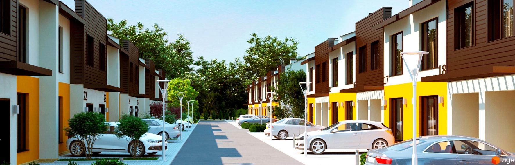 Зображення таунхаусів у житловому комплексі «Дубовські озера-2» з паркуванням та зеленими насадженнями. Фасади будинків виконані у світлих тонах з дерев'яними елементами.