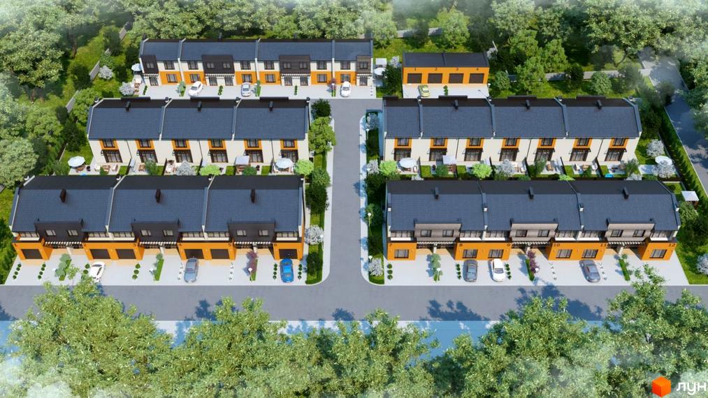 Зображення сторінки житлового комплексу Таунхауси „Дубовські озера-2“. Двоповерхові будинки з гаражами, фасади пофарбовані у світлі та темні кольори, перед будинками парковка та зелені насадження.