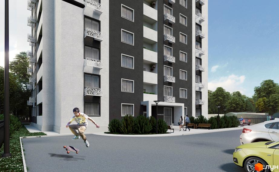 Зображення фасаду багатоповерхового будинку ЖК Крокус з темними та світлими секціями, балконами з кованими перилами. На передньому плані - прибудинкова територія з автомобілями та люди.