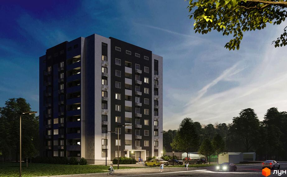 Висотна будівля Житлового комплексу Крокус з темним фасадом та світлими балконами. Навколо будинку зелені насадження, освітлення та припарковані автомобілі.