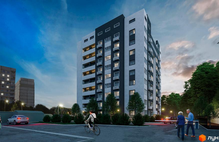 Висотна новобудова ЖК Крокус з балконами та панорамними вікнами. На території комплексу є парковка, зелені насадження та ліхтарі.