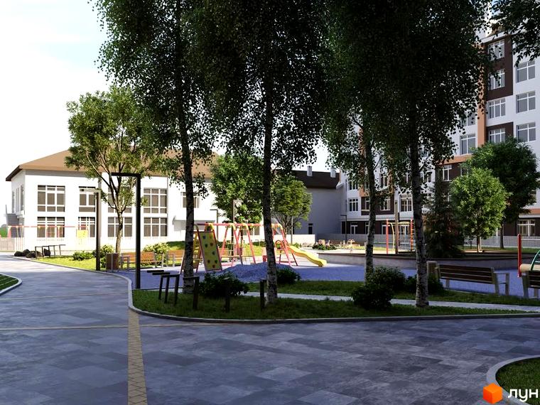Житловий комплекс Orange Park: дитячий майданчик та зелена зона біля багатоповерхових будинків. Територія комплексу з лавочками та пішохідними доріжками.