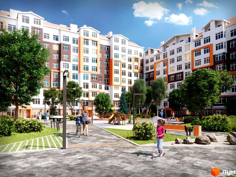 Житловий комплекс Orange Park: фасади будівель з оранжевими акцентами та прибудинкова територія з дитячим майданчиком та зонами відпочинку.