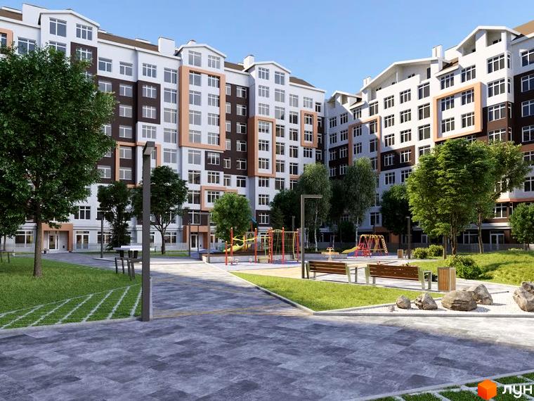 Житловий комплекс Orange Park: фасади будинків з коричневими та білими елементами, дитячий майданчик та зони відпочинку на прибудинковій території.