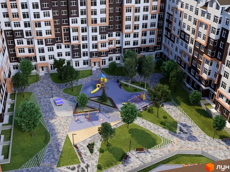 Житловий комплекс Orange Park з дитячим майданчиком та зонами відпочинку. Сучасна архітектура та доглянута прибудинкова територія.