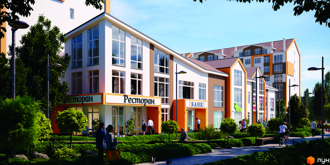 Зовнішній вигляд ЖК Orange Park: фасади будівель з панорамними вікнами та вивісками