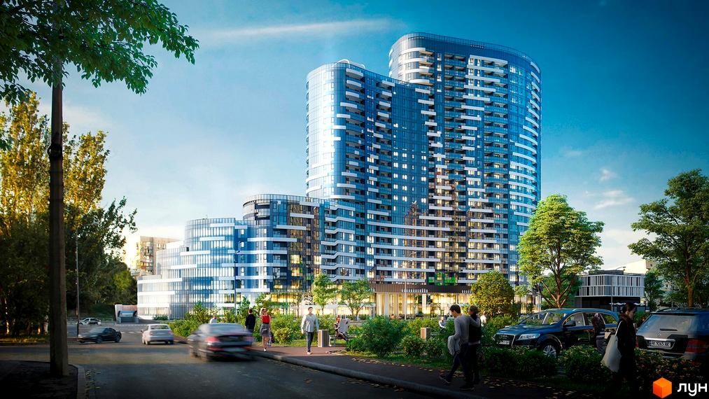 Житловий комплекс Aria – це багатоповерхова будівля з вигнутим фасадом та скляними балконами, що оточена зеленим сквером та парковкою.