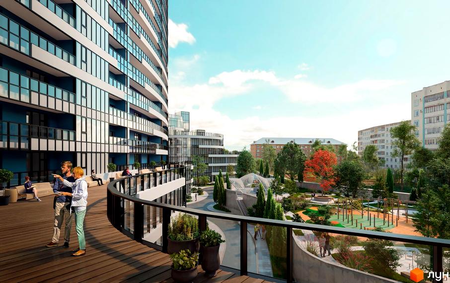 Житловий комплекс Aria з вигнутим фасадом та просторою прибудинковою територією з дитячим майданчиком та зонами відпочинку.