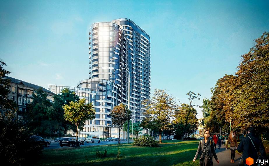 Житловий комплекс Aria - це сучасна новобудова з вигнутим фасадом та скляними балконами, розташована біля зеленої зони з деревами та пішохідною доріжкою.