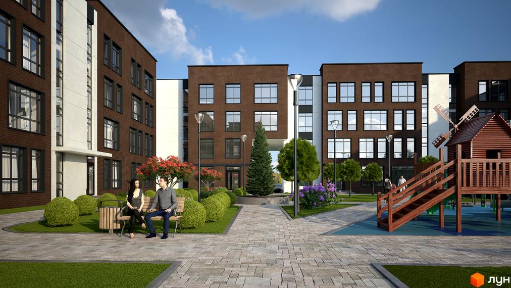 Житловий комплекс Praga-2: багатоповерхові будинки з темно-коричневої цегли та світлими вставками. Прибудинкова територія має зелені газони, доріжки та дитячий майданчик.