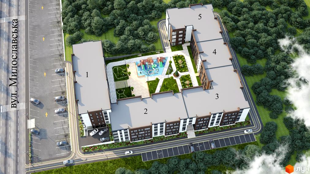 Житловий комплекс Praga-2: вид зверху на будівлі з прибудинковою територією, дитячим майданчиком та парковкою. Архітектура комплексу.