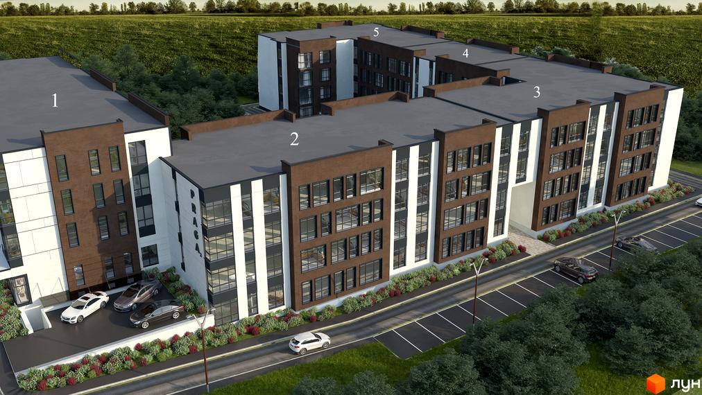 Зображення житлового комплексу Praga-2. На фото будівля з коричневими та білими фасадами, великими вікнами та припаркованими автомобілями.