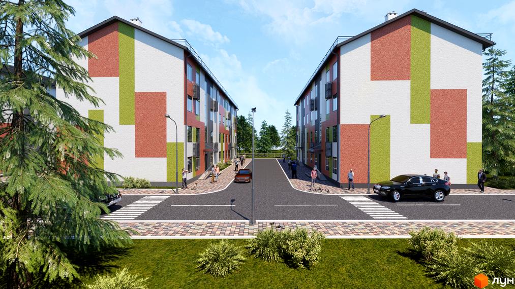 Зображення сторінки Житловий комплекс Слобожанський. Двоповерхові будинки з кольоровими фасадами, дорога з пішохідними переходами та зелені насадження.