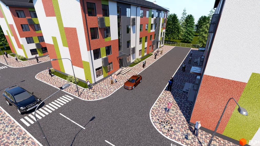 Зображення фасаду багатоповерхового будинку ЖК Слобожанський з кольоровими вставками. На прибудинковій території асфальтована дорога, тротуар з бруківки та припарковані автомобілі.