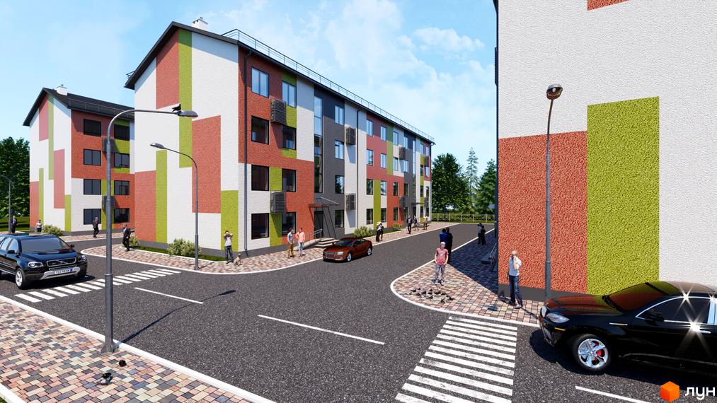 Багатоповерховий будинок з кольоровим фасадом. Біля будинку розташована дорога з пішохідними доріжками та припарковані автомобілі.