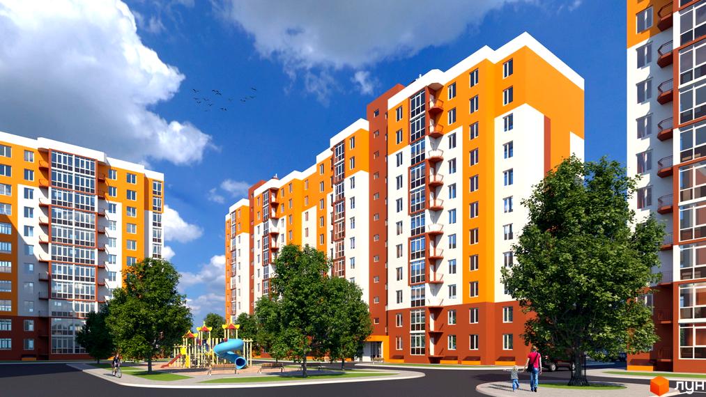 Житловий комплекс Громадянський посад. Яскраві фасади будинків з панорамними вікнами та балконами. Поруч дитячий майданчик та дерева.