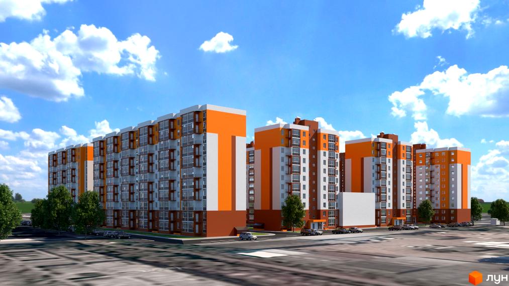 Житловий комплекс Громадянський посад: багатоповерхові будинки з оранжевими та білими фасадами, заскленими балконами, розташовані біля дороги з припаркованими автомобілями та зеленими деревами.