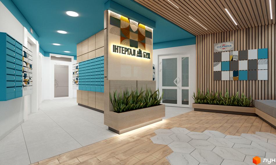 Інтер'єр холу Житлового комплексу Традиція з поштовими скриньками та декоративними рослинами. Оздоблення стін деревом та плиткою.