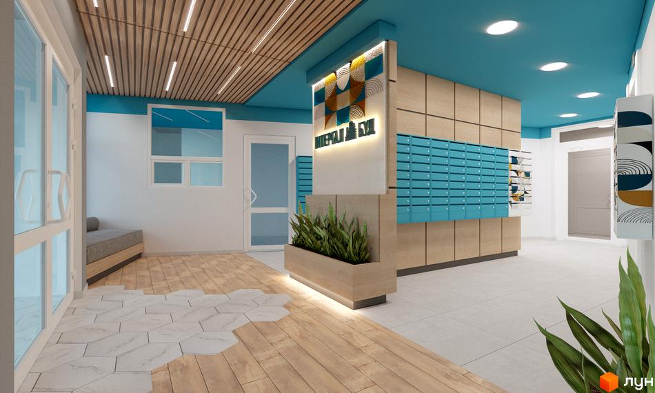 Інтер'єр холу Житлового комплексу Традиція з поштовими скриньками та рослинами. Вигляд вхідної зони з оздобленням під дерево.