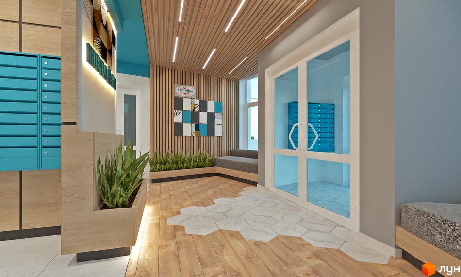 Інтер'єр вхідної зони Житлового комплексу Традиція з поштовими скриньками та декоративними рослинами. Вигляд вхідних дверей та оздоблення стін.