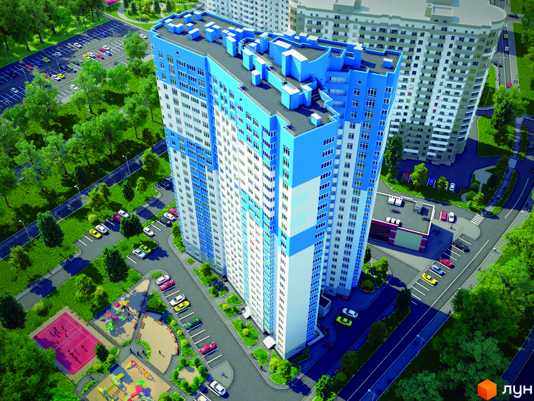 Зображення багатоповерхового будинку в Житловому комплексі Традиція. На території є парковка, дитячий майданчик та зелені насадження.