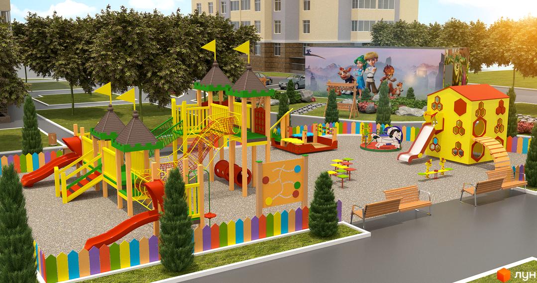 Зображення дитячого майданчика на території Житлового комплексу Традиція. На фото ігрові зони з гірками та будиночками.