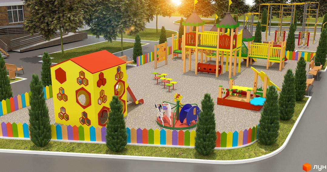 Зображення дитячого майданчика у Житловому комплексі Традиція. На фото ігрові зони, гірки, пісочниця та зелені насадження.