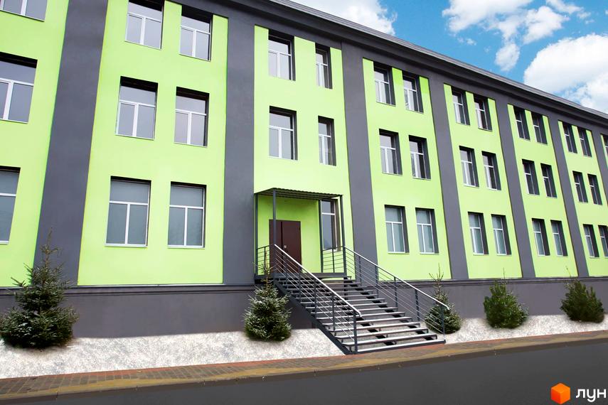 Фасад будівлі ЖК Green park з великими вікнами та вхідною групою зі сходами. На прибудинковій території висаджені хвойні дерева.