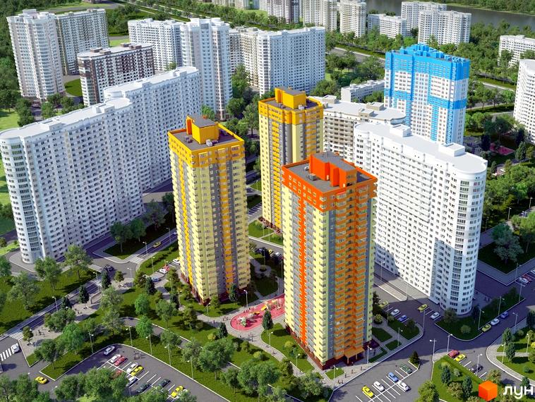 Зображення Житлового комплексу Традиція: висотні будинки з кольоровими акцентами та зелена прибудинкова територія з парковкою.