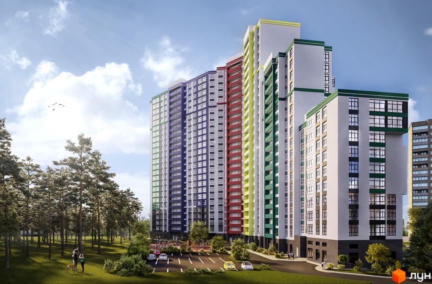 Житловий комплекс Forest - багатоповерхові будинки з різнокольоровими фасадами та балконами, розташовані поруч із зеленим парком та парковкою.